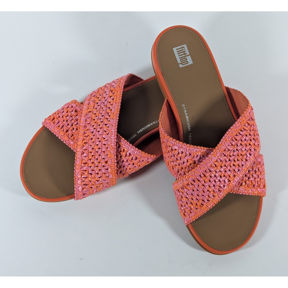 FitFlop Gracie Woven Cross Slides Orange Pink Dynamicush Sandal JK6-C26 Womens 8